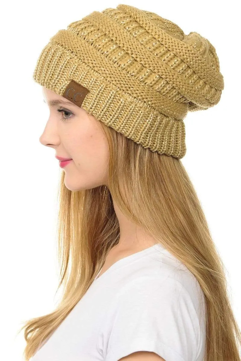 C.C Hat 20AM - Slouchy Thick Warm Cap Hat Skully Metallic Cable Knit Beanie