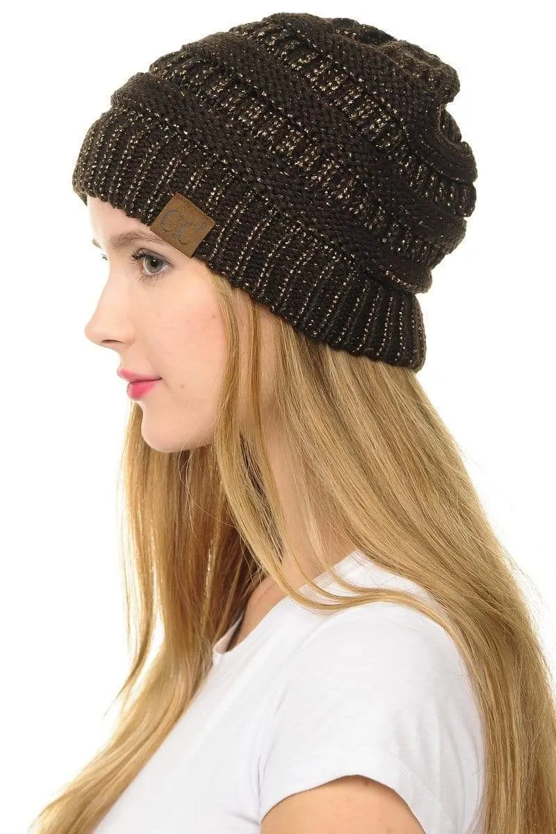 C.C Hat 20AM - Slouchy Thick Warm Cap Hat Skully Metallic Cable Knit Beanie