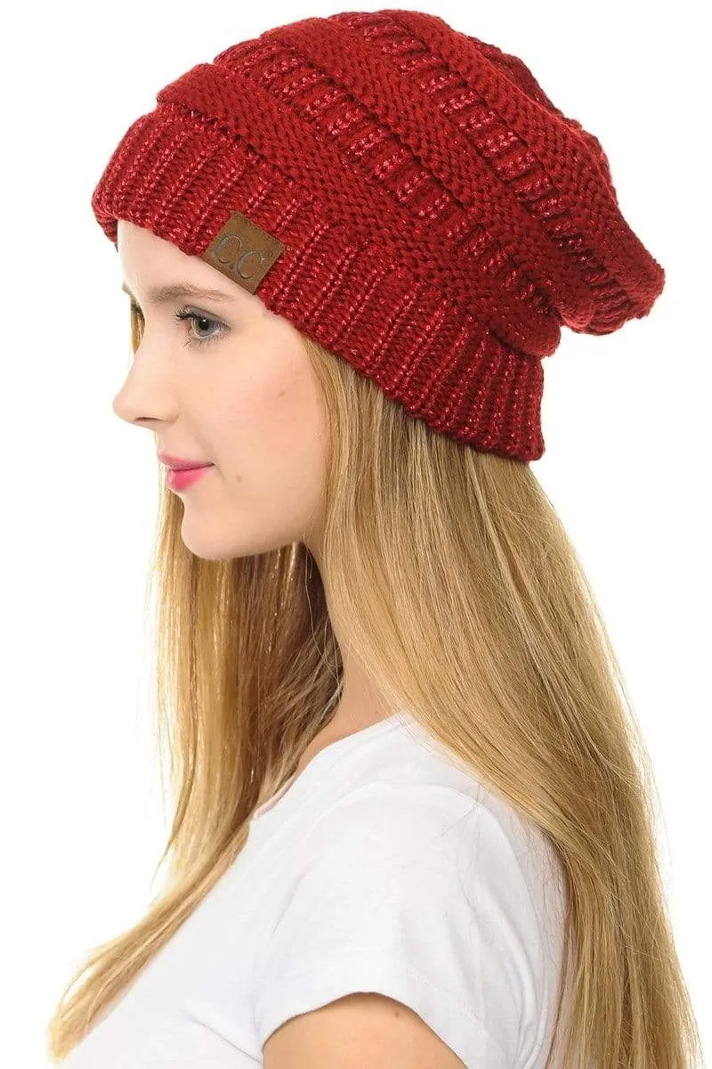 C.C Hat 20AM - Slouchy Thick Warm Cap Hat Skully Metallic Cable Knit Beanie