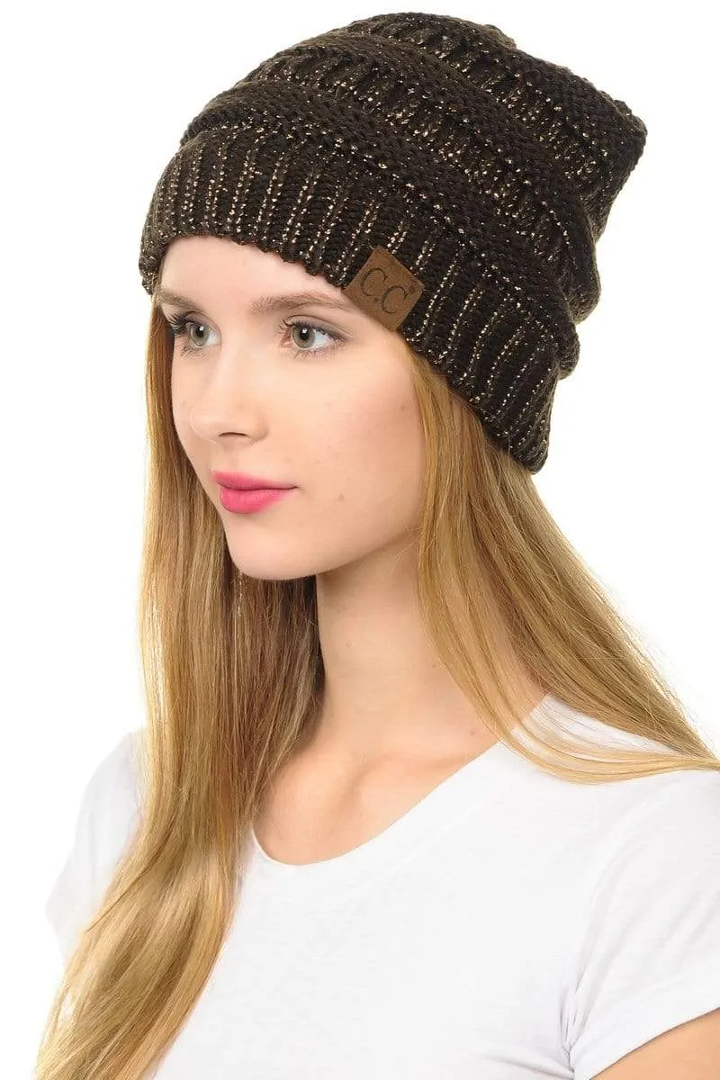 C.C Hat 20AM - Slouchy Thick Warm Cap Hat Skully Metallic Cable Knit Beanie