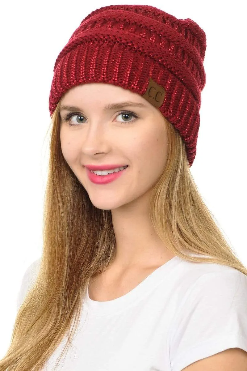 C.C Hat 20AM - Slouchy Thick Warm Cap Hat Skully Metallic Cable Knit Beanie