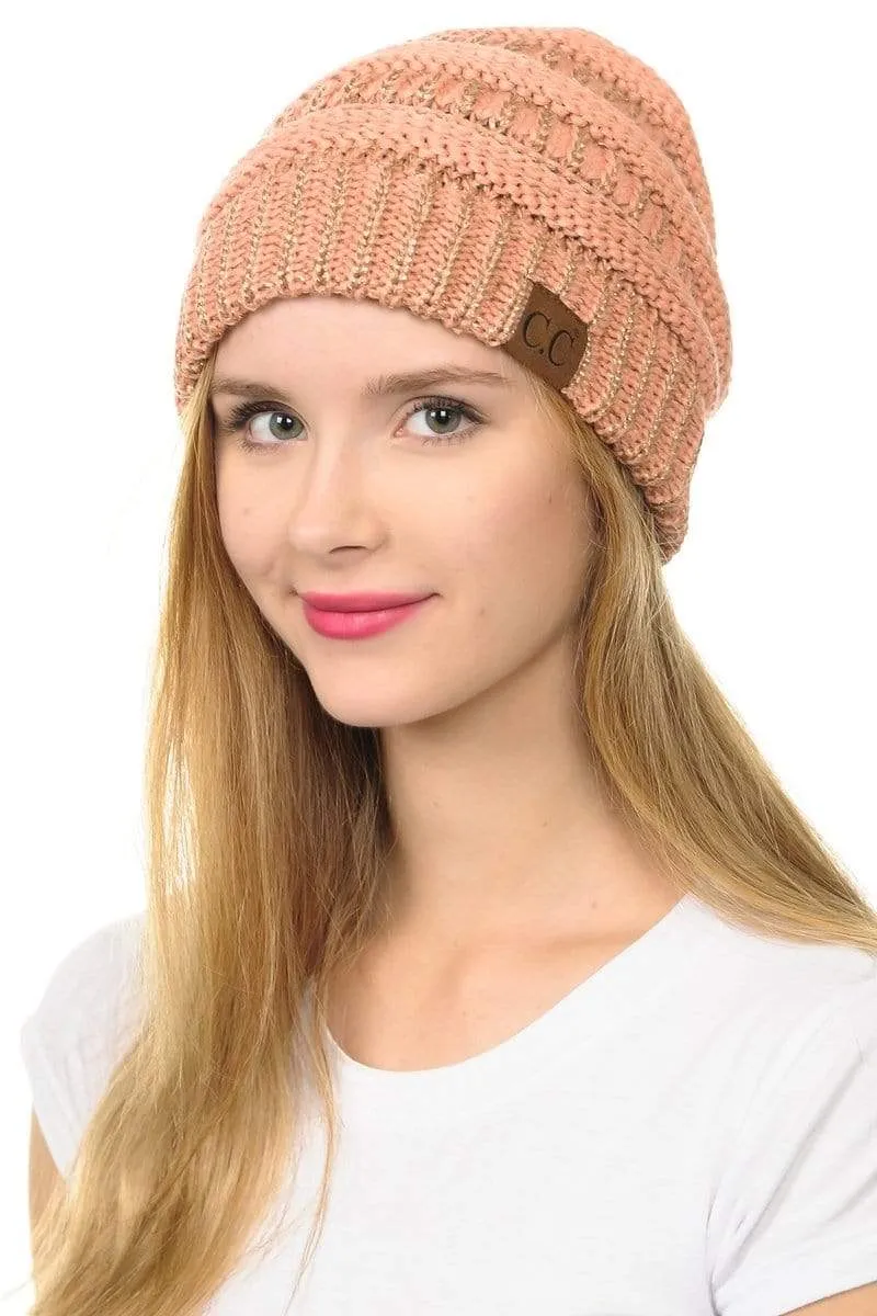 C.C Hat 20AM - Slouchy Thick Warm Cap Hat Skully Metallic Cable Knit Beanie