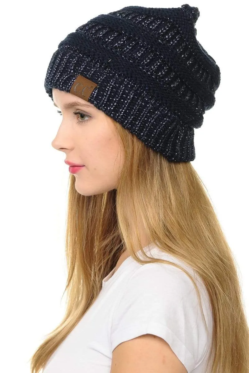 C.C Hat 20AM - Slouchy Thick Warm Cap Hat Skully Metallic Cable Knit Beanie