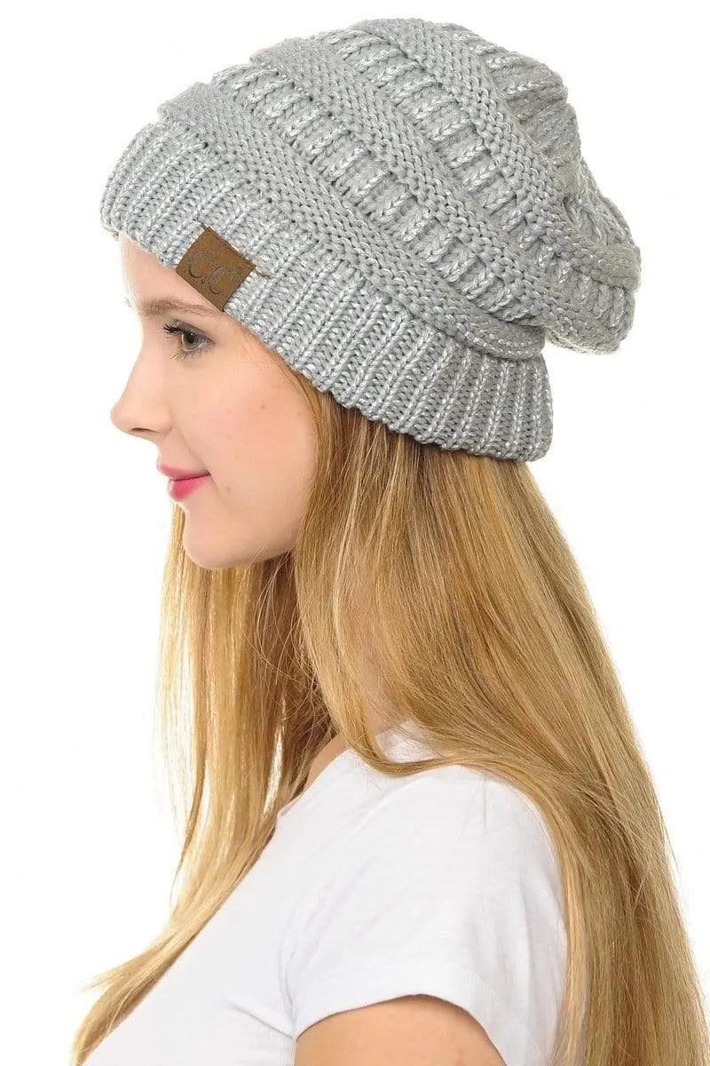 C.C Hat 20AM - Slouchy Thick Warm Cap Hat Skully Metallic Cable Knit Beanie