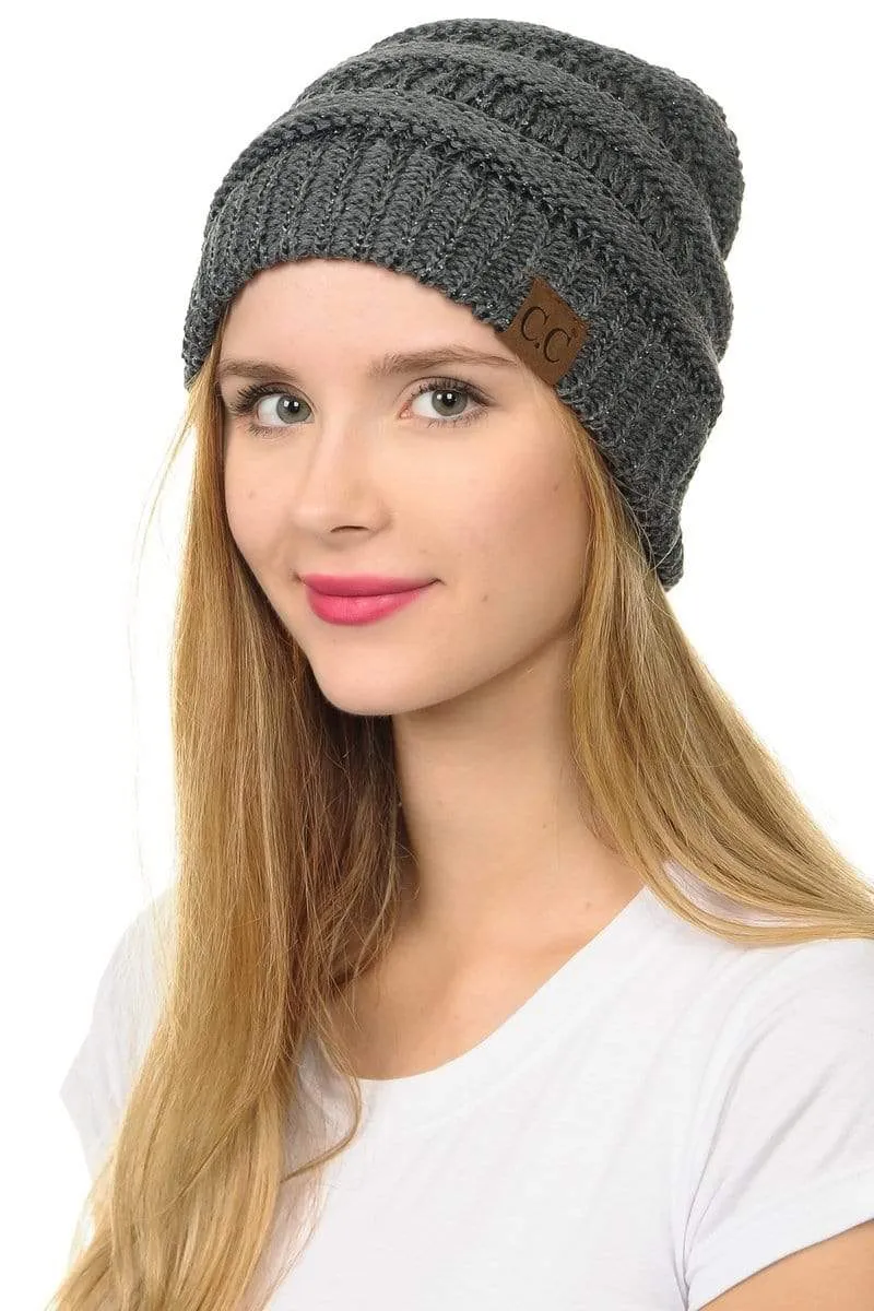 C.C Hat 20AM - Slouchy Thick Warm Cap Hat Skully Metallic Cable Knit Beanie