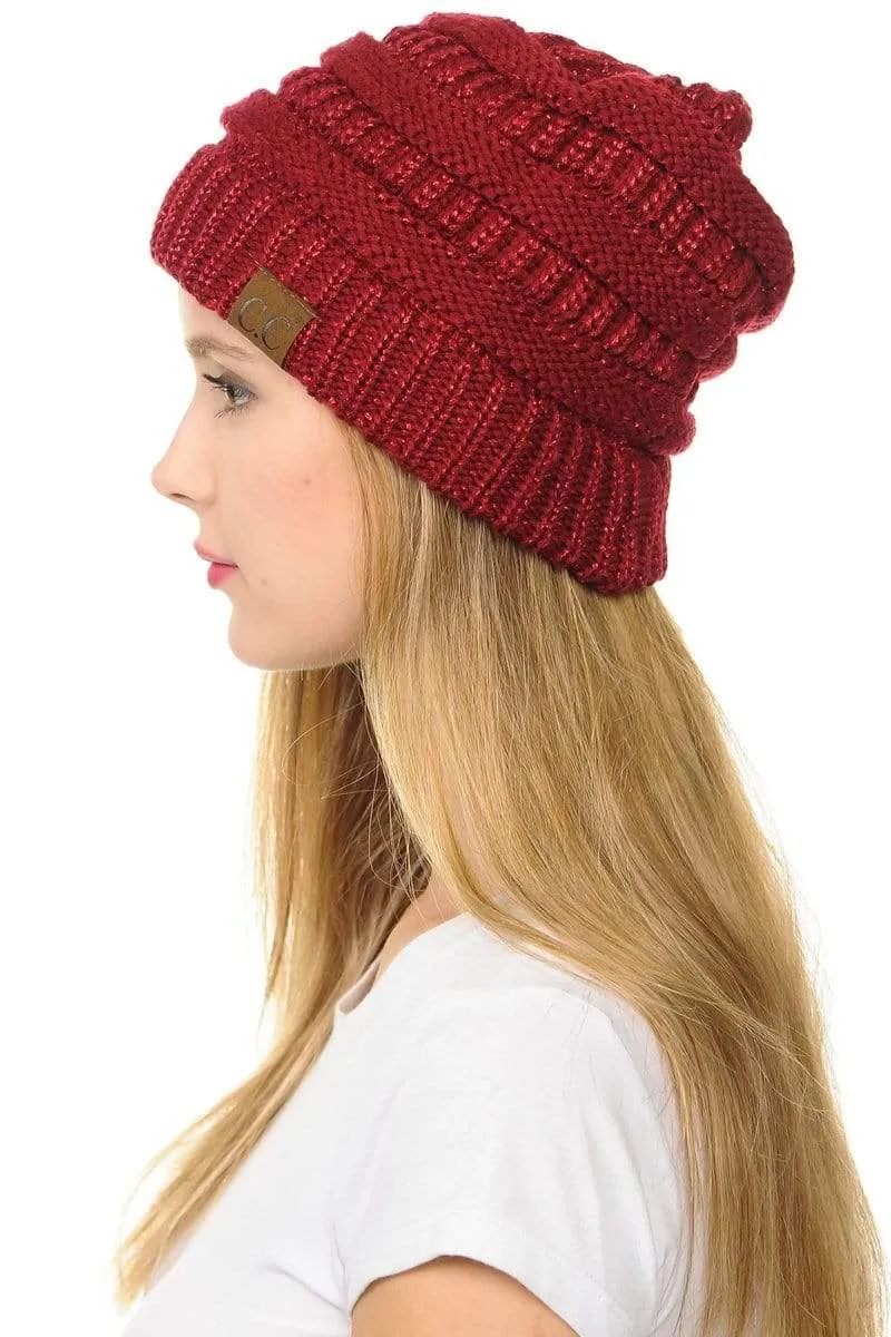 C.C Hat 20AM - Slouchy Thick Warm Cap Hat Skully Metallic Cable Knit Beanie