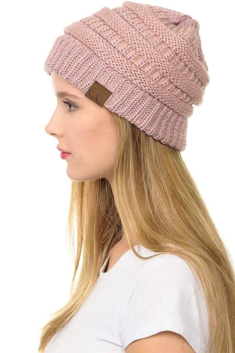 C.C Hat 20AM - Slouchy Thick Warm Cap Hat Skully Metallic Cable Knit Beanie