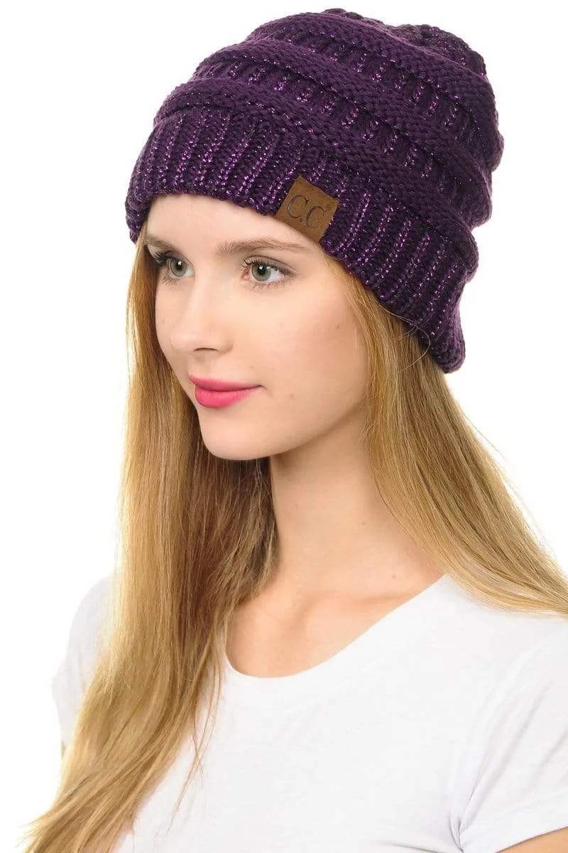 C.C Hat 20AM - Slouchy Thick Warm Cap Hat Skully Metallic Cable Knit Beanie