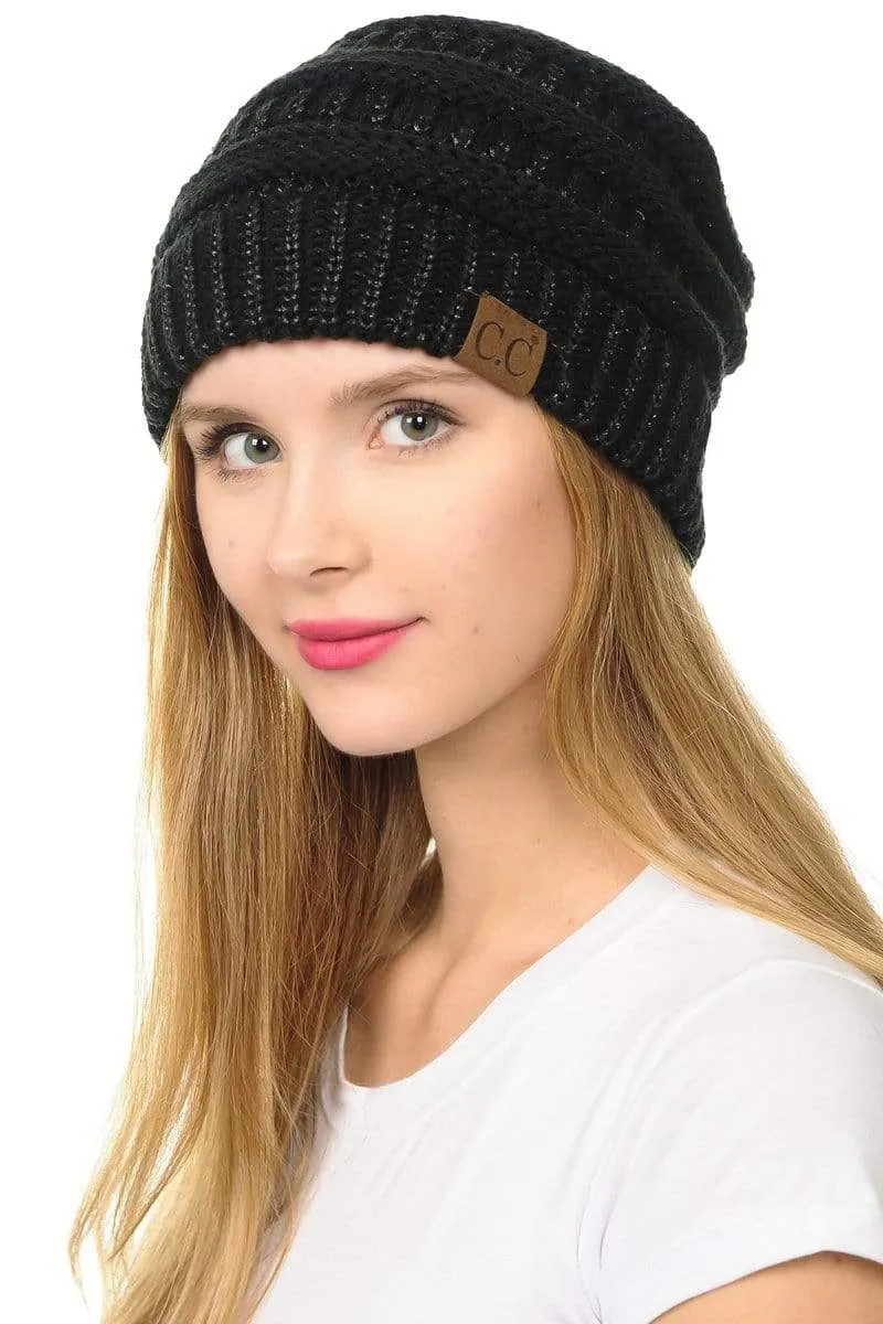 C.C Hat 20AM - Slouchy Thick Warm Cap Hat Skully Metallic Cable Knit Beanie