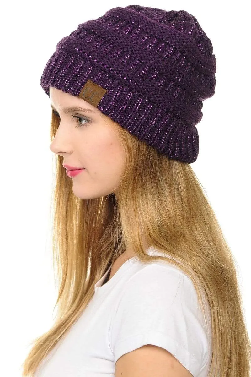 C.C Hat 20AM - Slouchy Thick Warm Cap Hat Skully Metallic Cable Knit Beanie