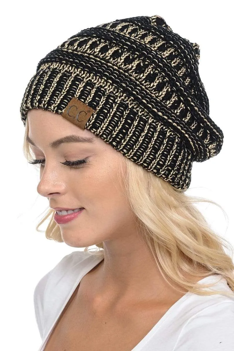 C.C Hat 20AM - Slouchy Thick Warm Cap Hat Skully Metallic Cable Knit Beanie