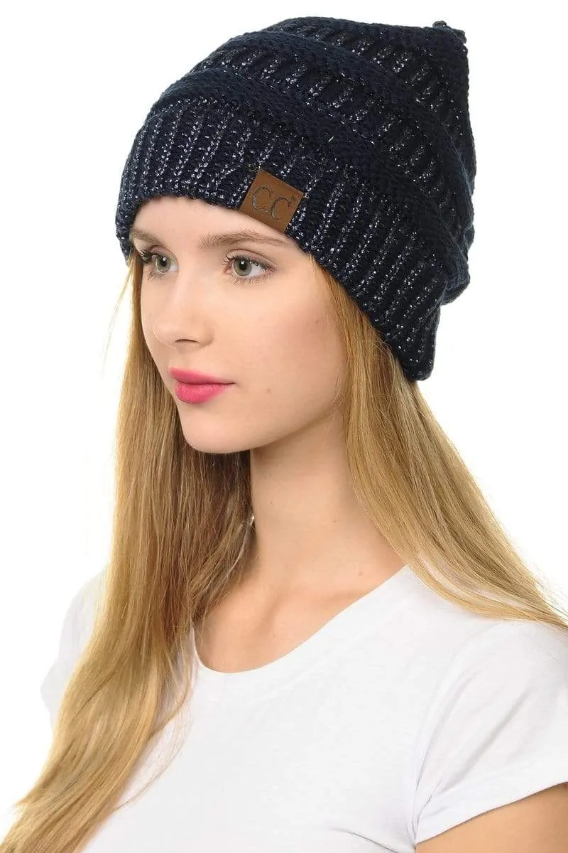 C.C Hat 20AM - Slouchy Thick Warm Cap Hat Skully Metallic Cable Knit Beanie