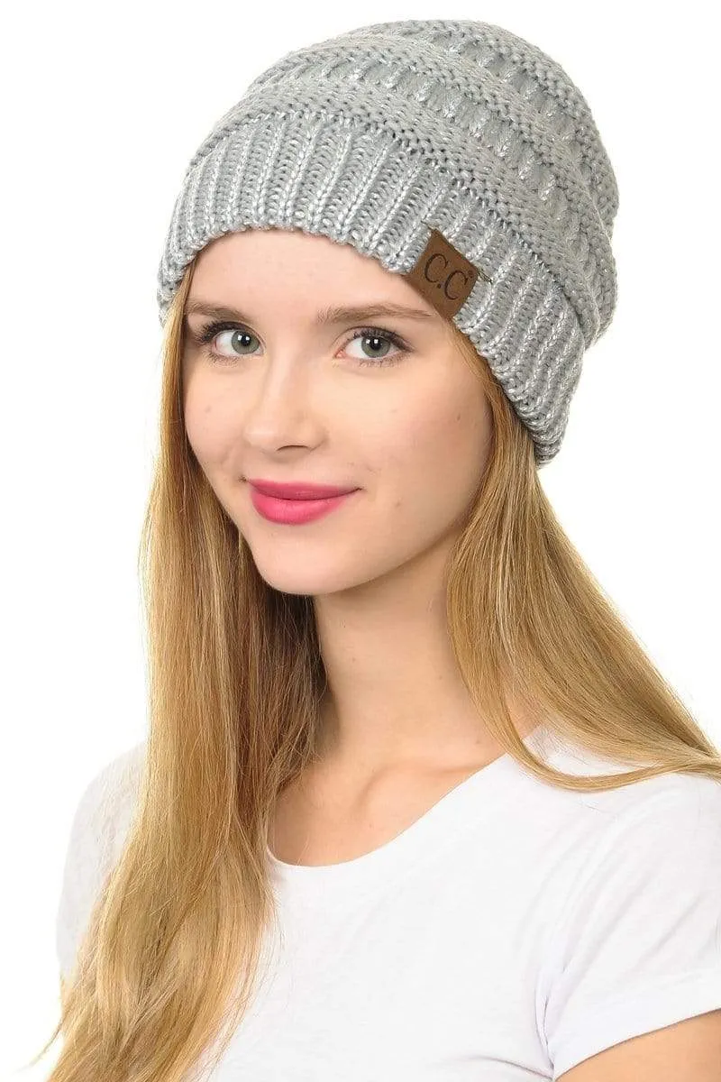 C.C Hat 20AM - Slouchy Thick Warm Cap Hat Skully Metallic Cable Knit Beanie