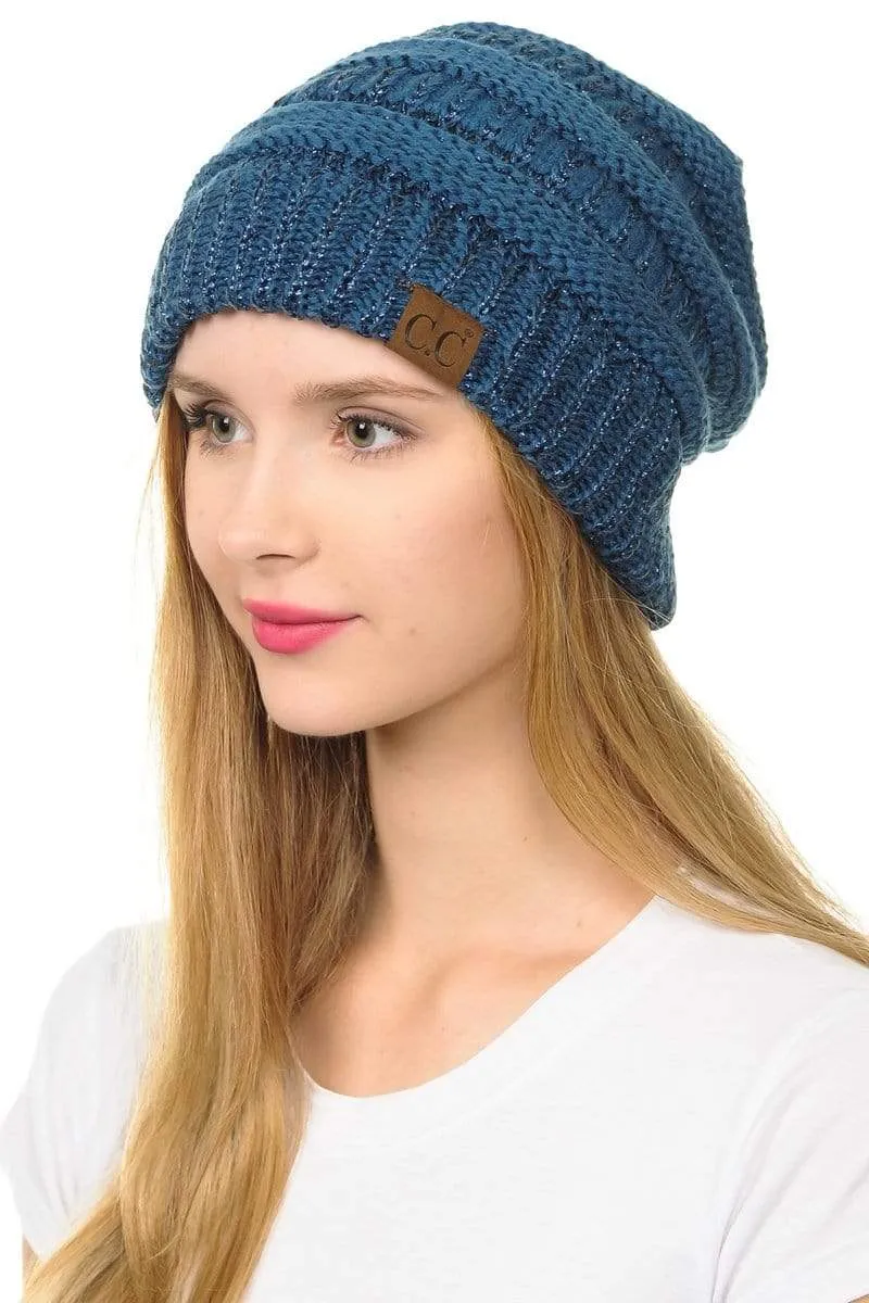 C.C Hat 20AM - Slouchy Thick Warm Cap Hat Skully Metallic Cable Knit Beanie