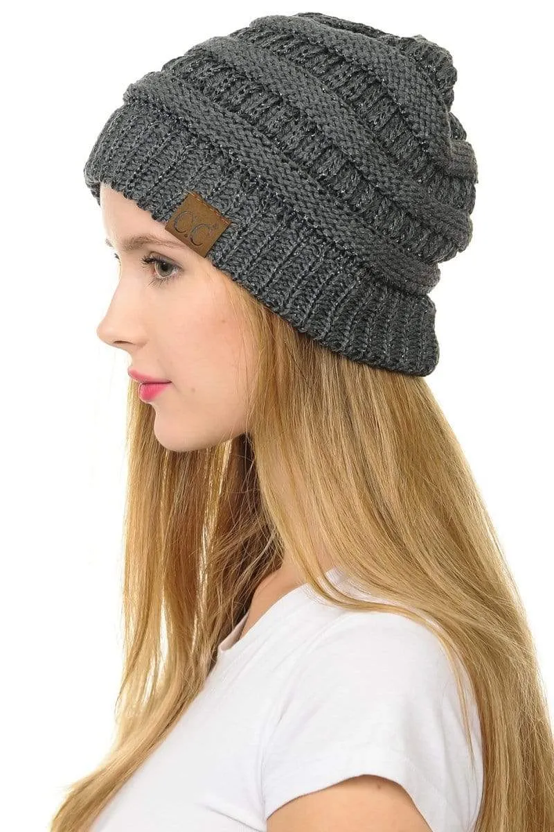 C.C Hat 20AM - Slouchy Thick Warm Cap Hat Skully Metallic Cable Knit Beanie