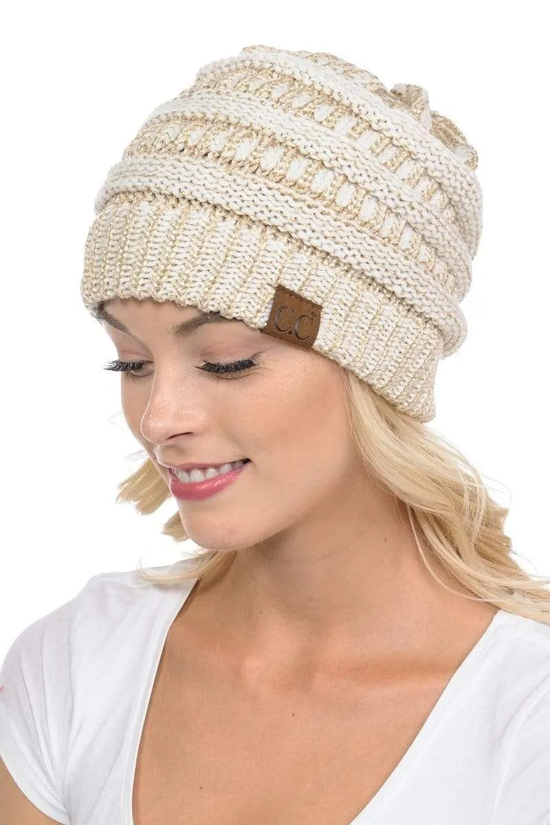 C.C Hat 20AM - Slouchy Thick Warm Cap Hat Skully Metallic Cable Knit Beanie