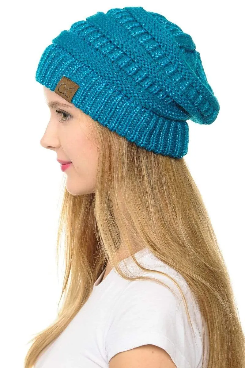 C.C Hat 20AM - Slouchy Thick Warm Cap Hat Skully Metallic Cable Knit Beanie