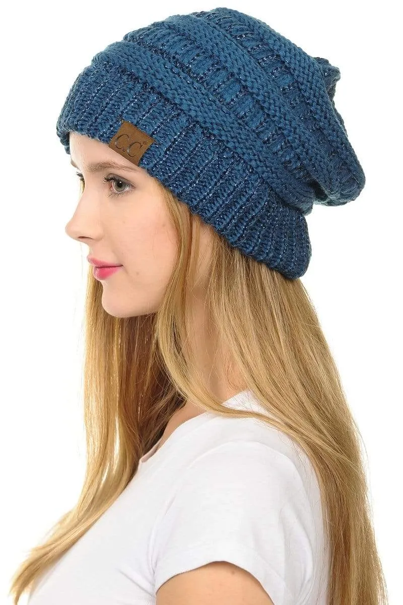 C.C Hat 20AM - Slouchy Thick Warm Cap Hat Skully Metallic Cable Knit Beanie