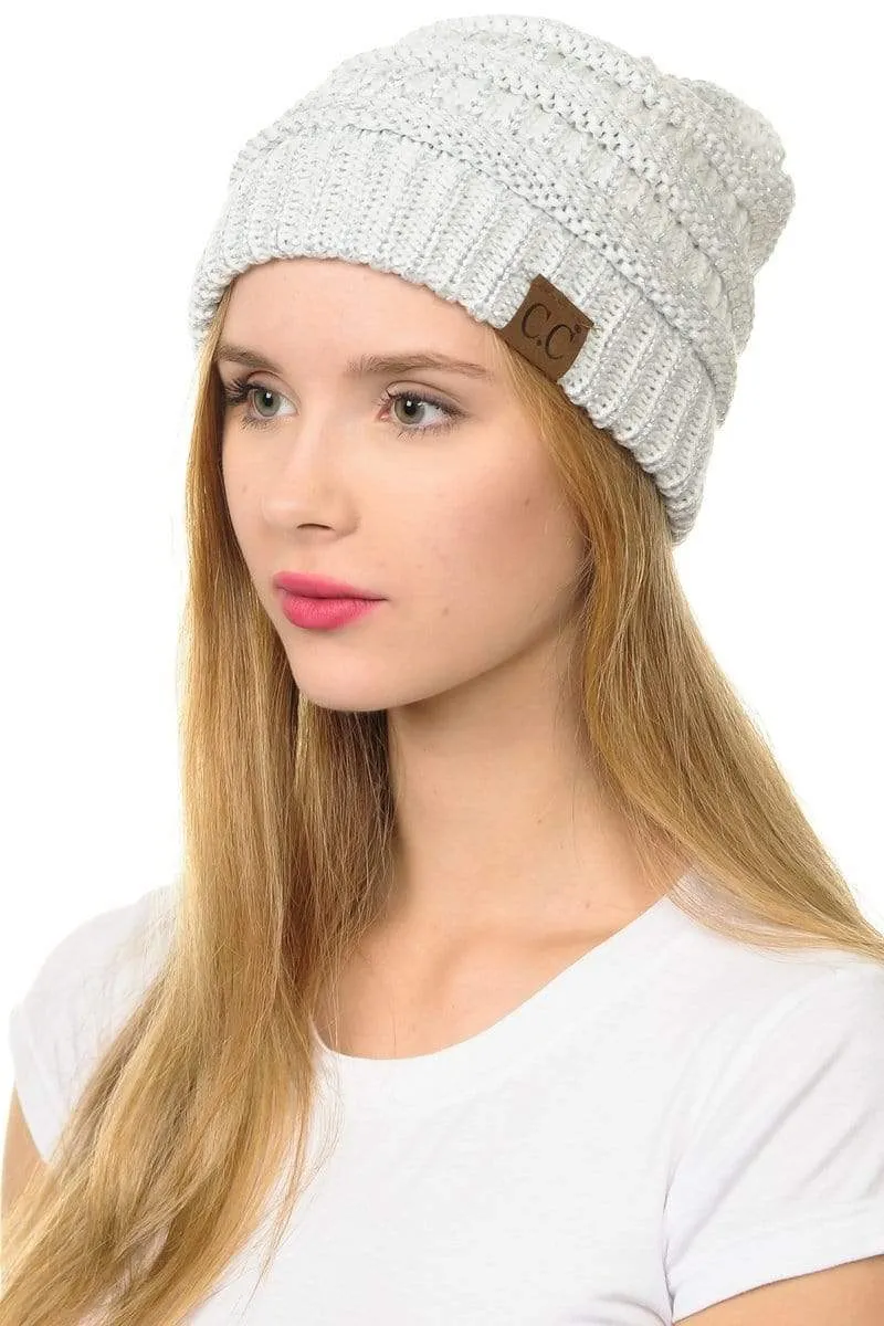 C.C Hat 20AM - Slouchy Thick Warm Cap Hat Skully Metallic Cable Knit Beanie