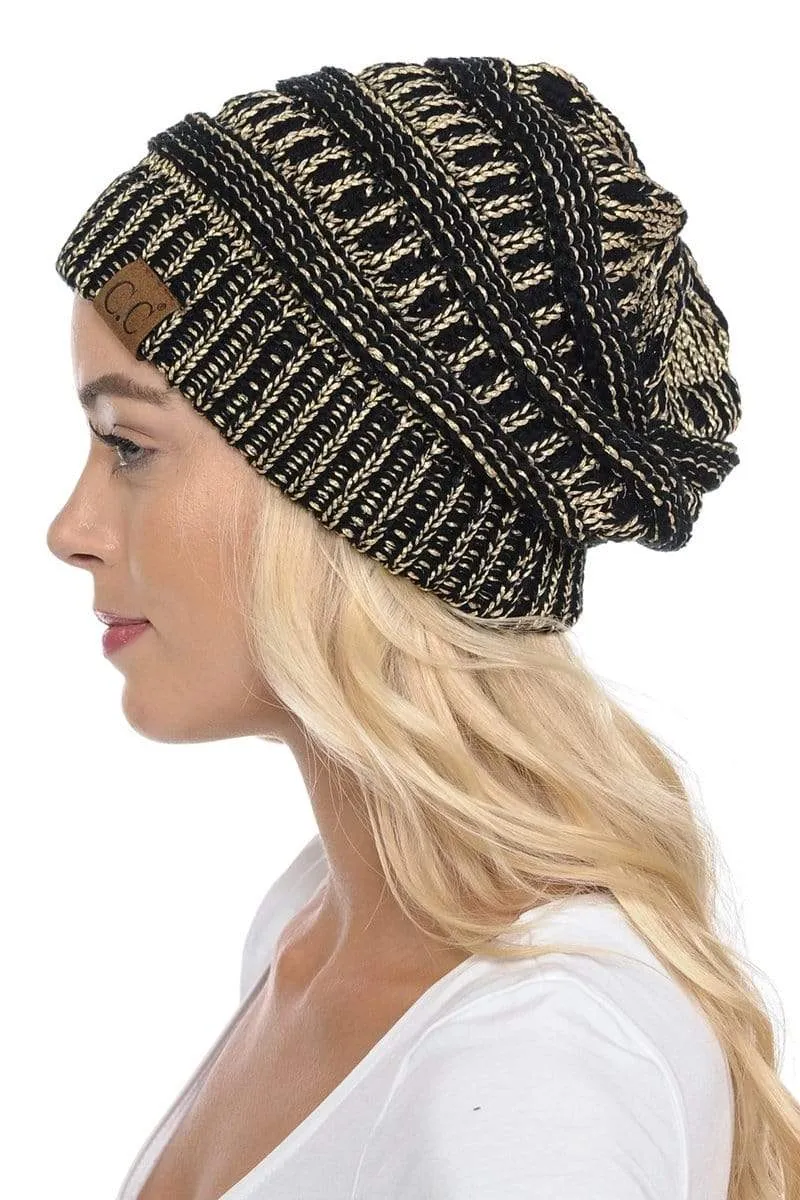 C.C Hat 20AM - Slouchy Thick Warm Cap Hat Skully Metallic Cable Knit Beanie