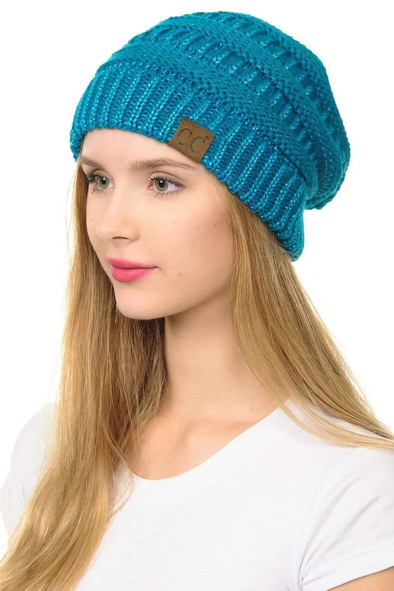 C.C Hat 20AM - Slouchy Thick Warm Cap Hat Skully Metallic Cable Knit Beanie