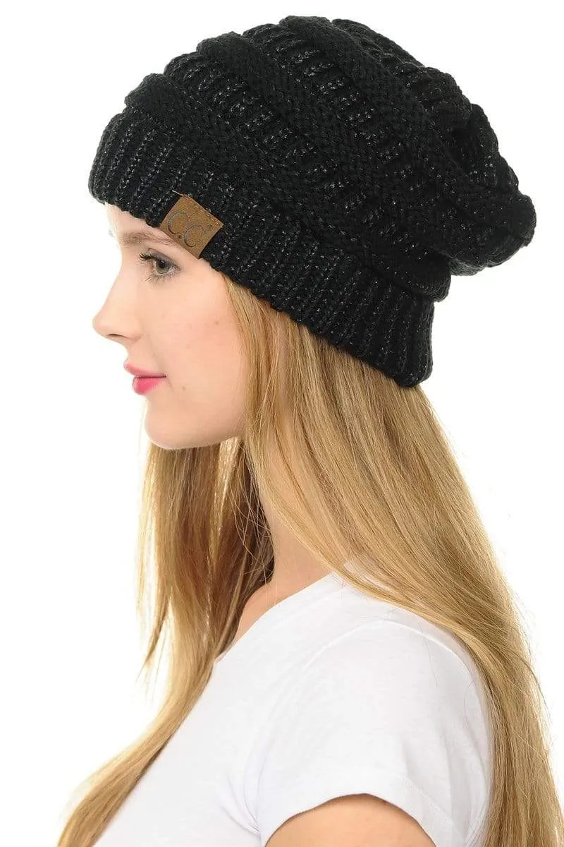 C.C Hat 20AM - Slouchy Thick Warm Cap Hat Skully Metallic Cable Knit Beanie