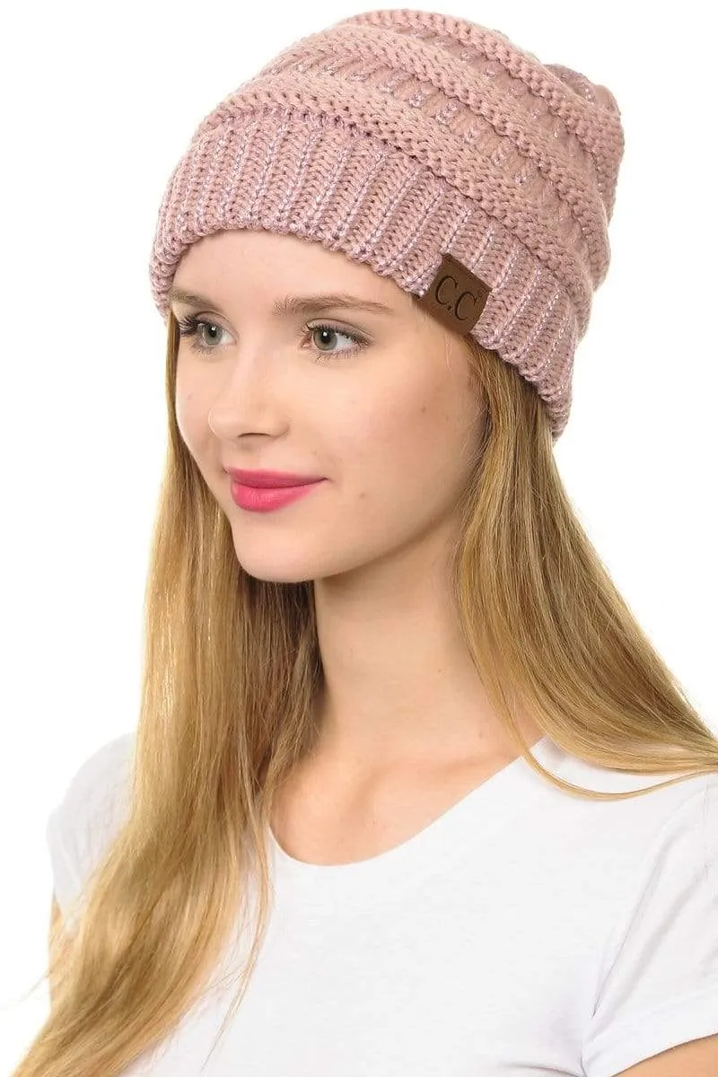 C.C Hat 20AM - Slouchy Thick Warm Cap Hat Skully Metallic Cable Knit Beanie