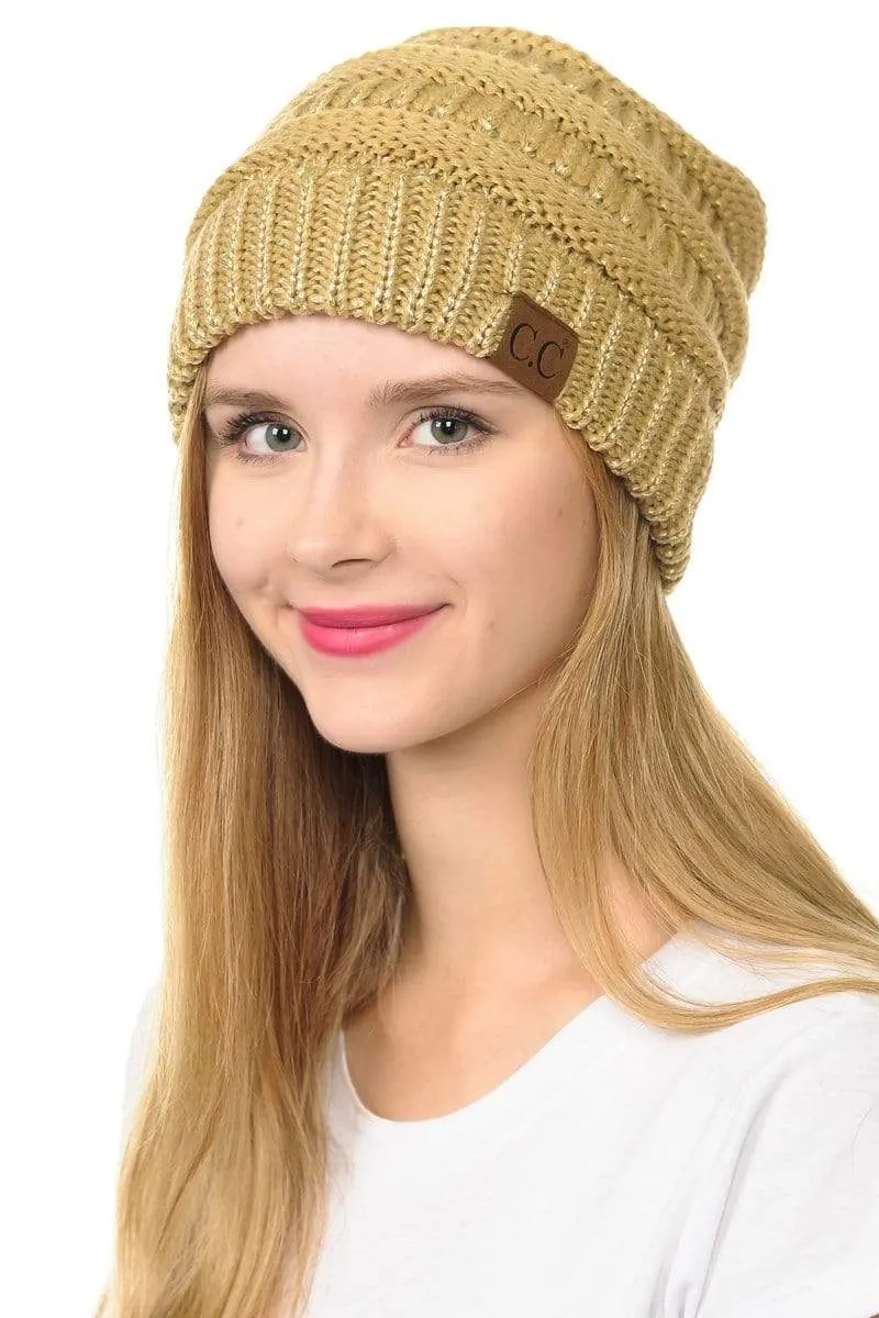 C.C Hat 20AM - Slouchy Thick Warm Cap Hat Skully Metallic Cable Knit Beanie