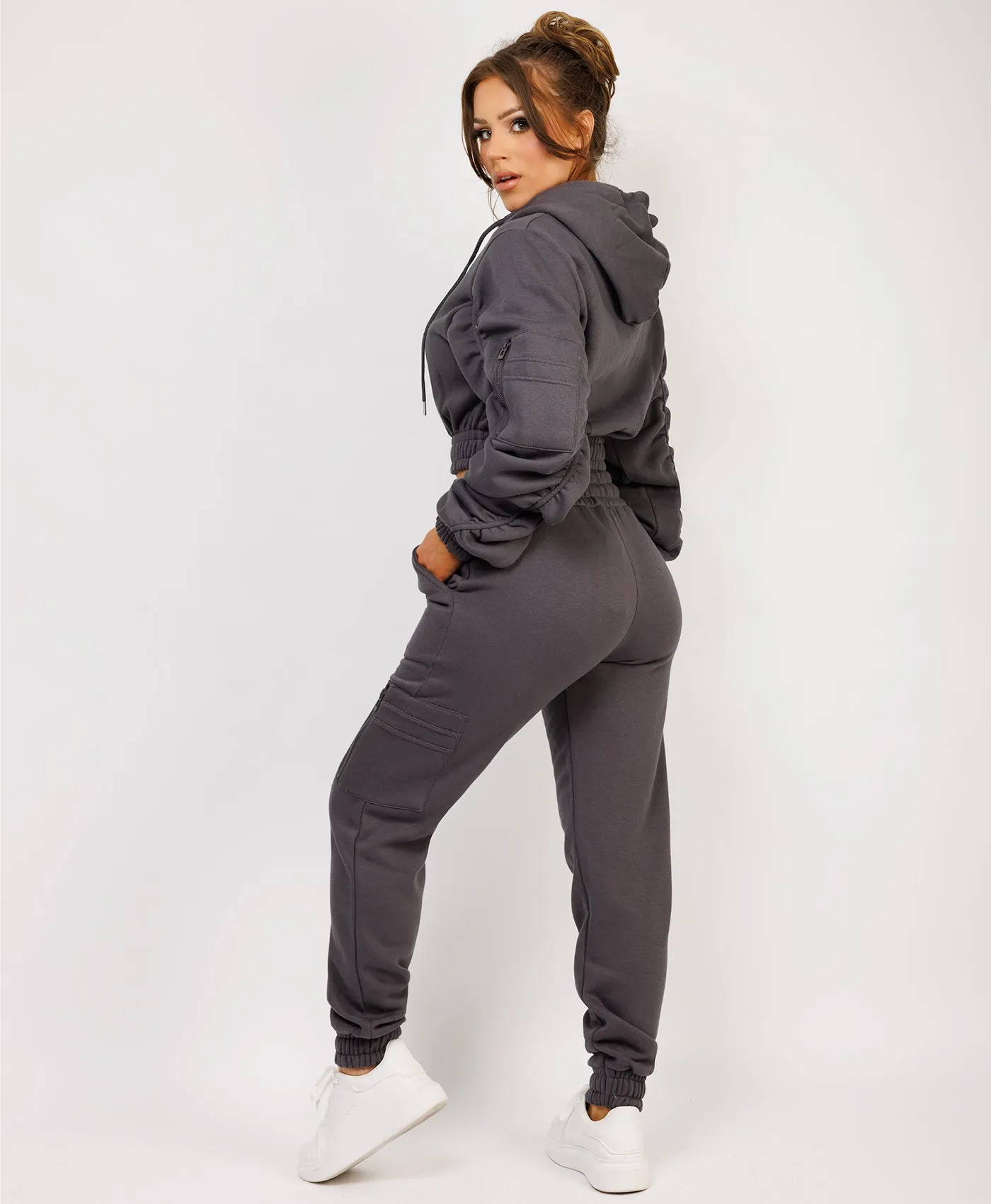 Charcoal Grey Ruched Sleeve Zipped Hoodie and Joggers Tracksuit