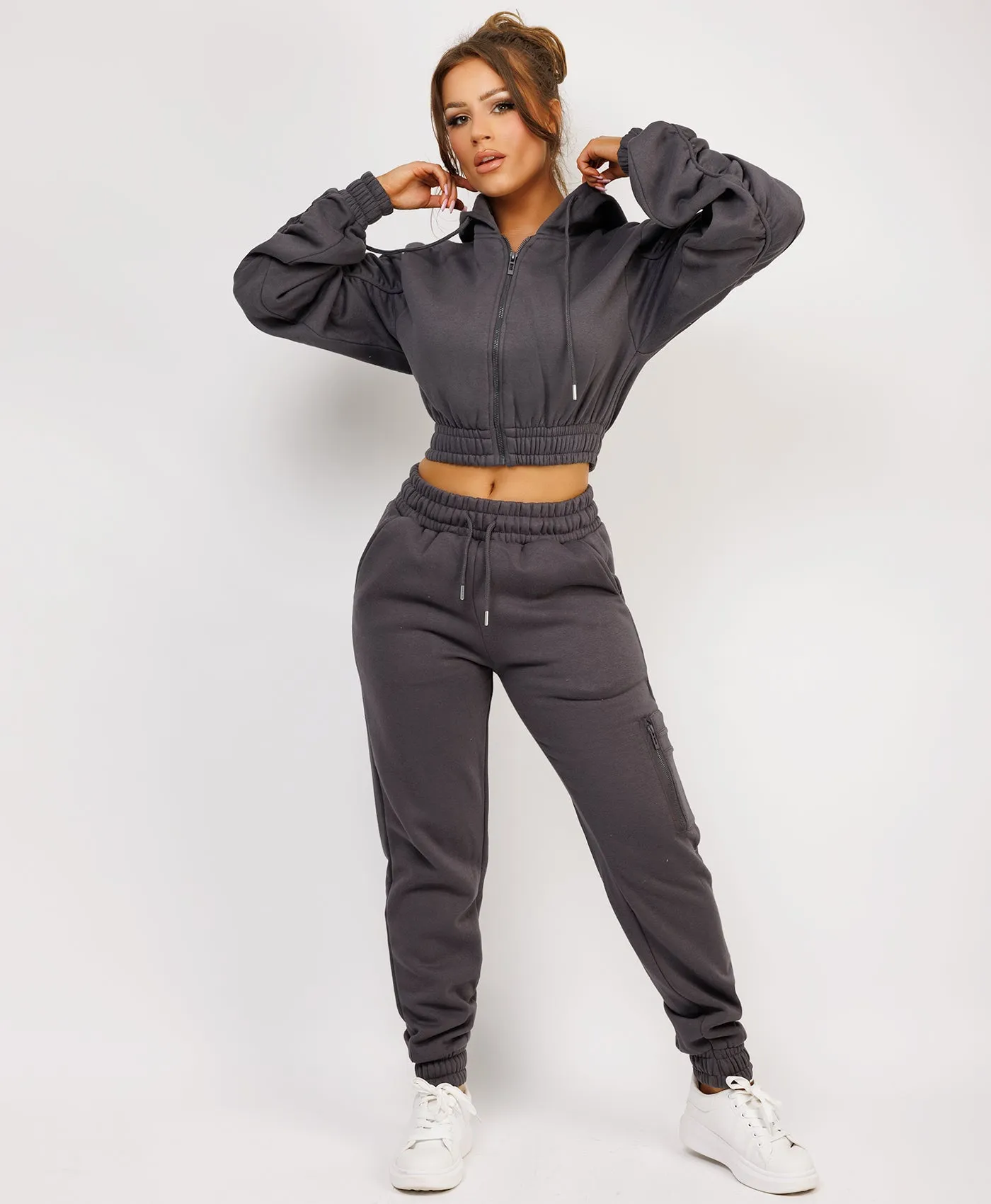 Charcoal Grey Ruched Sleeve Zipped Hoodie and Joggers Tracksuit