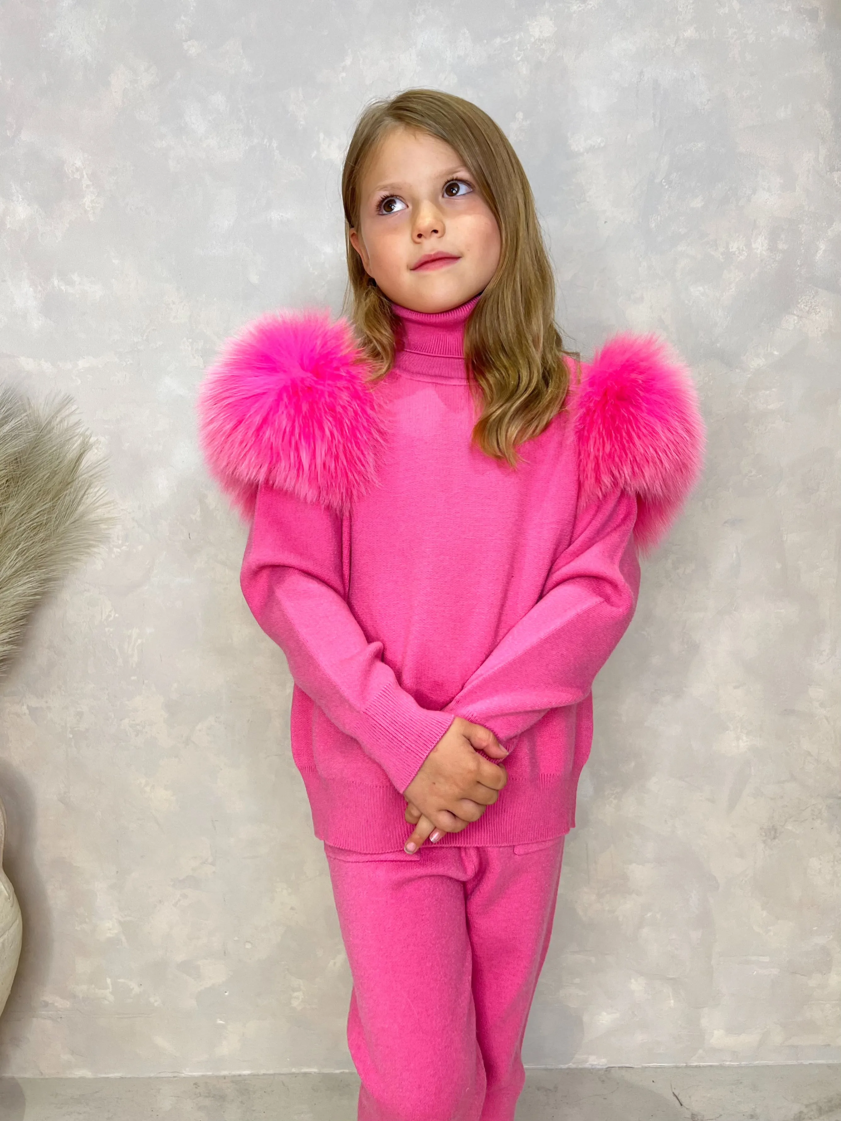 Childrens Hot Pink Luxury Fur Roll Neck Jogger Tracksuit