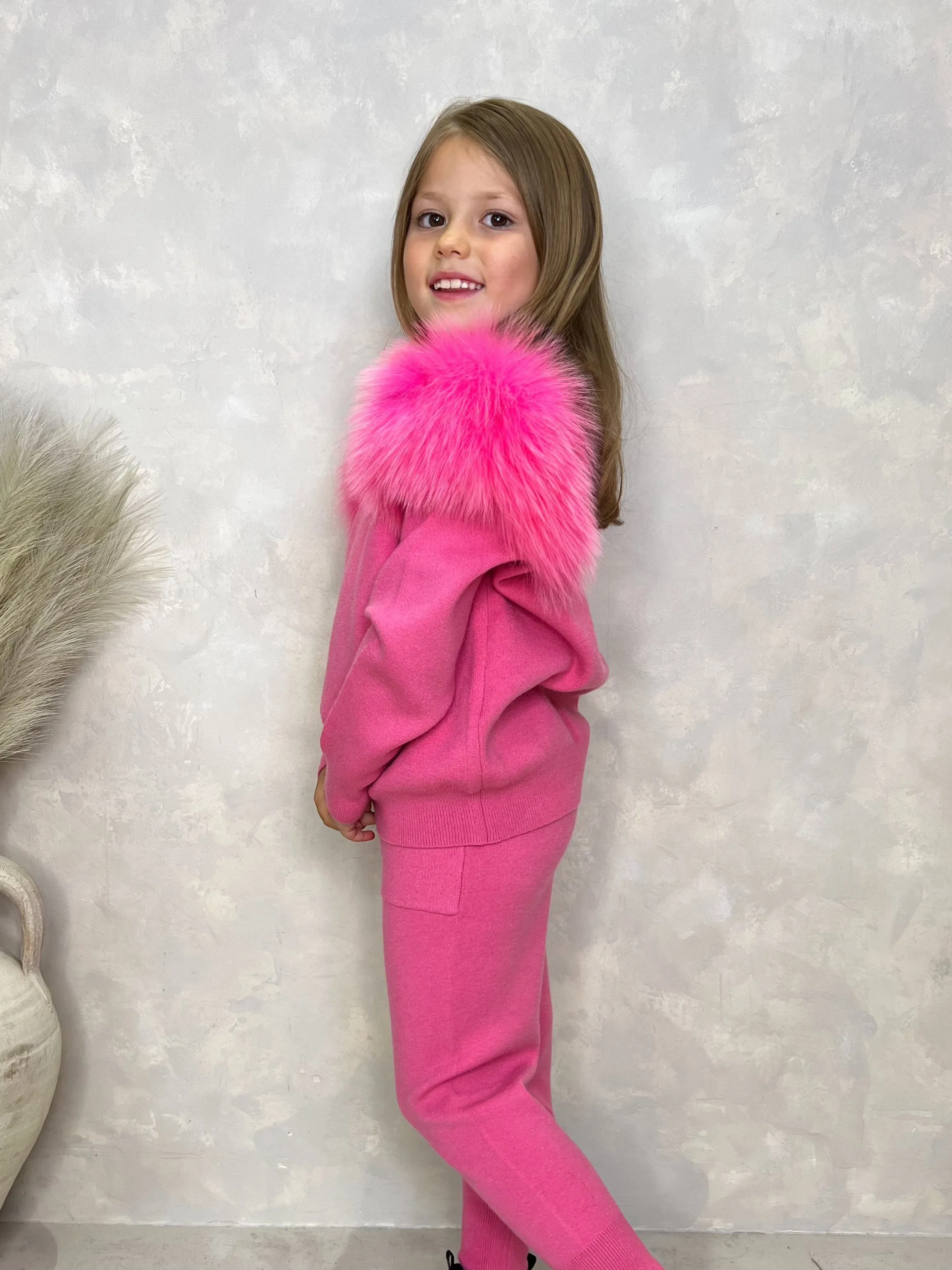 Childrens Hot Pink Luxury Fur Roll Neck Jogger Tracksuit