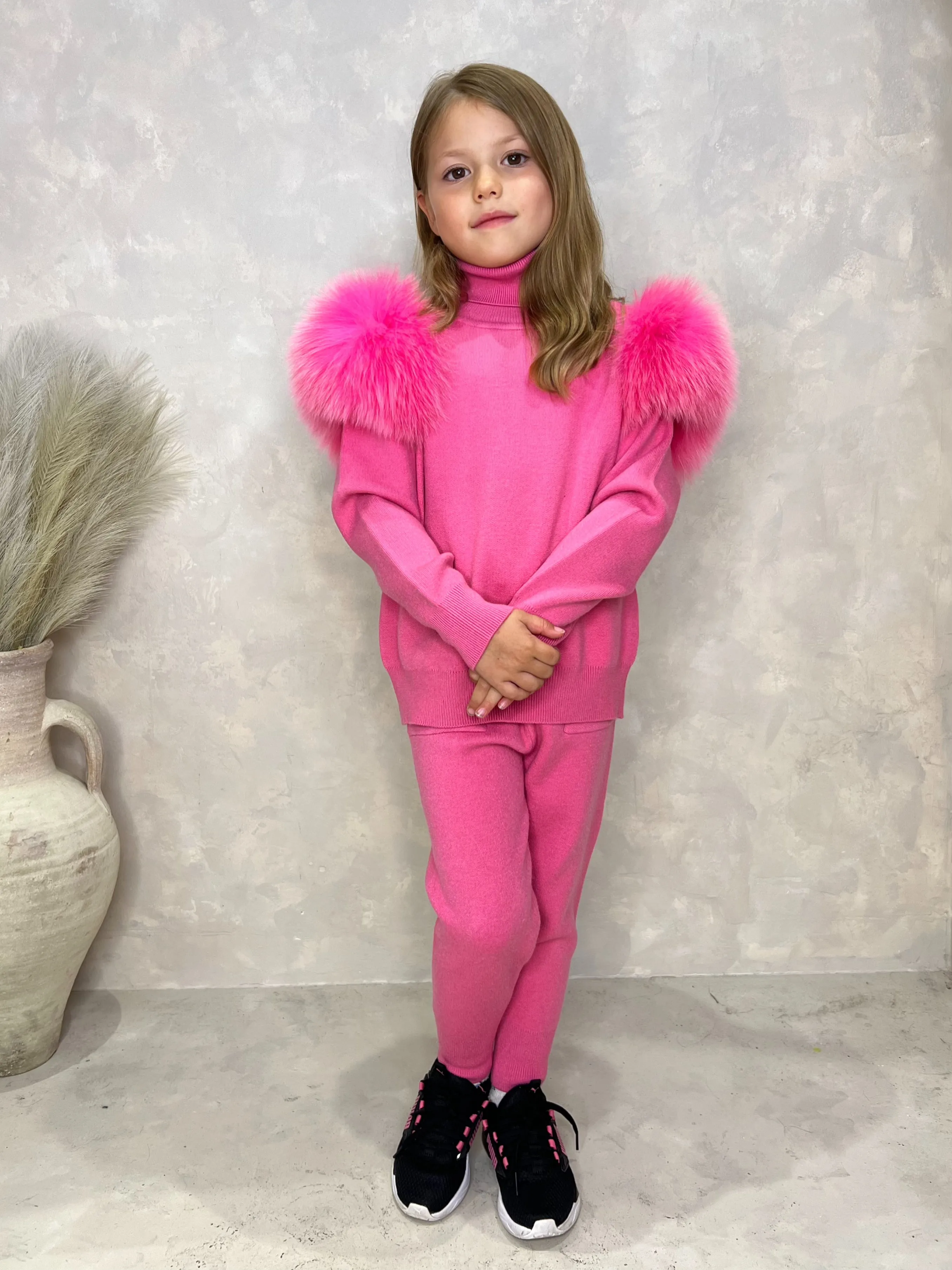 Childrens Hot Pink Luxury Fur Roll Neck Jogger Tracksuit