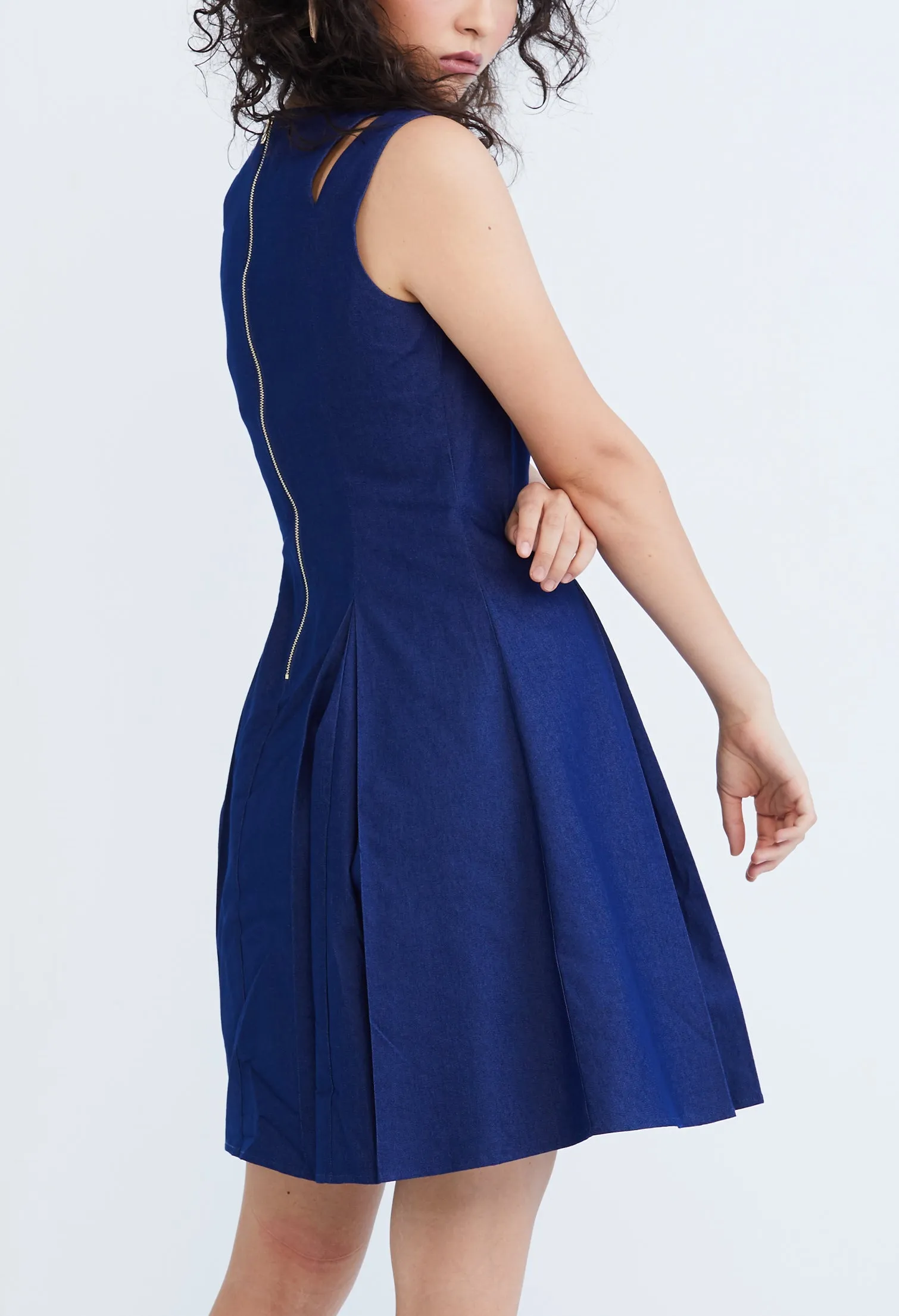 Cold Shoulder Pleated Denim Dress