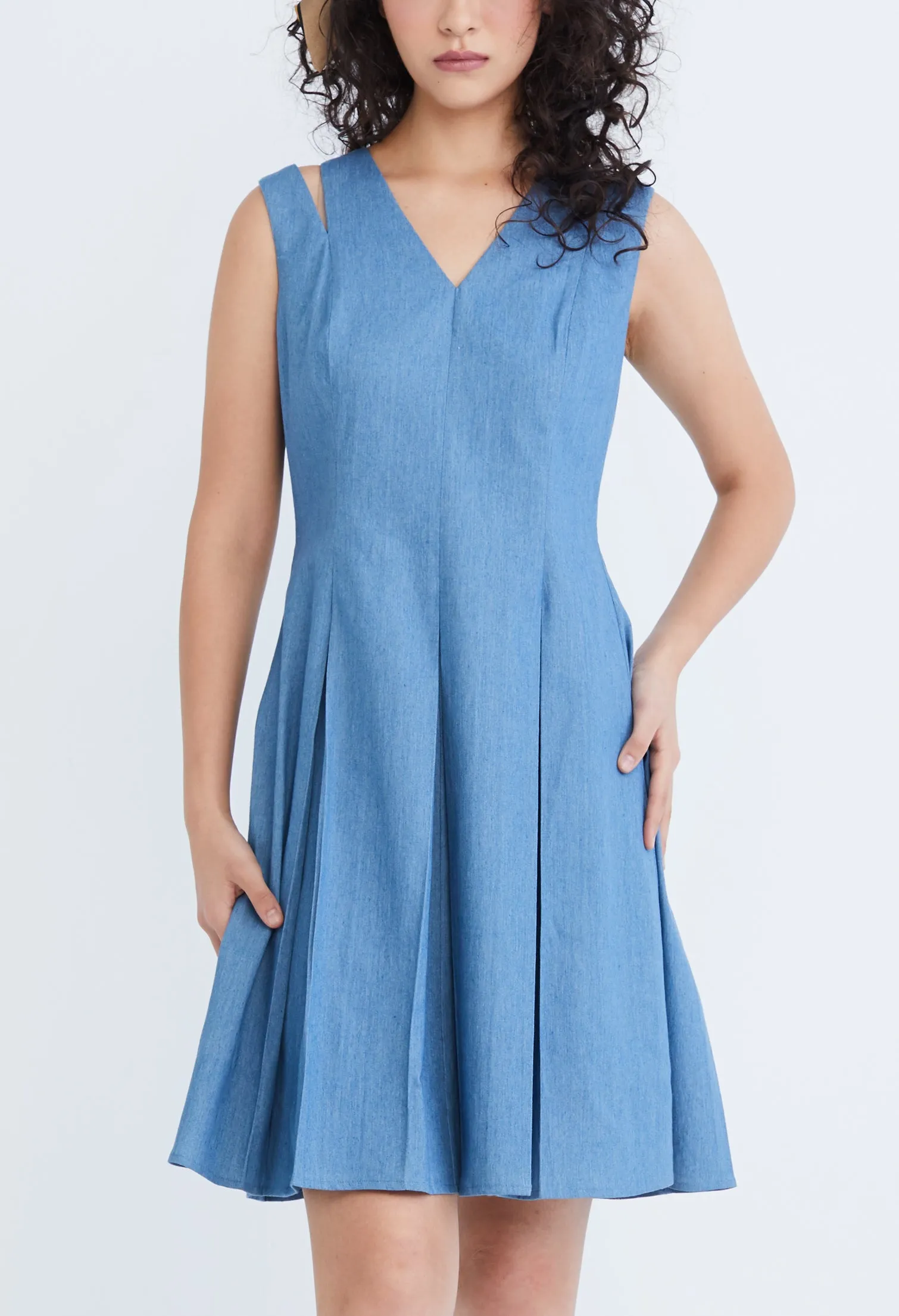 Cold Shoulder Pleated Denim Dress