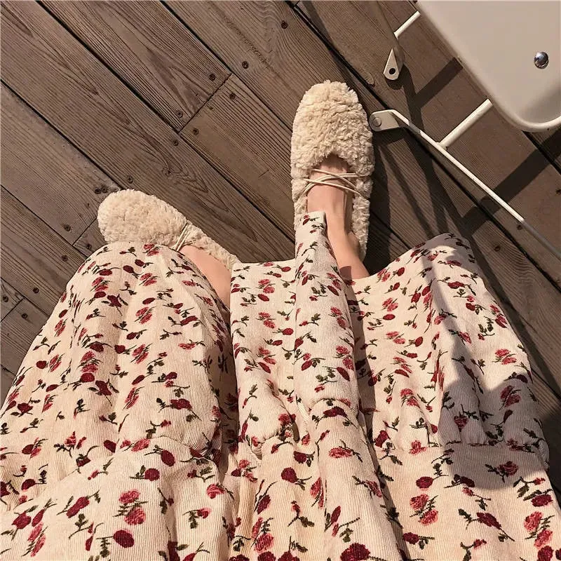 Corduroy High Waist Charming Floral Print Maxi Skirt