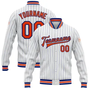 Custom White Royal Pinstripe Orange Bomber Full-Snap Varsity Letterman Jacket