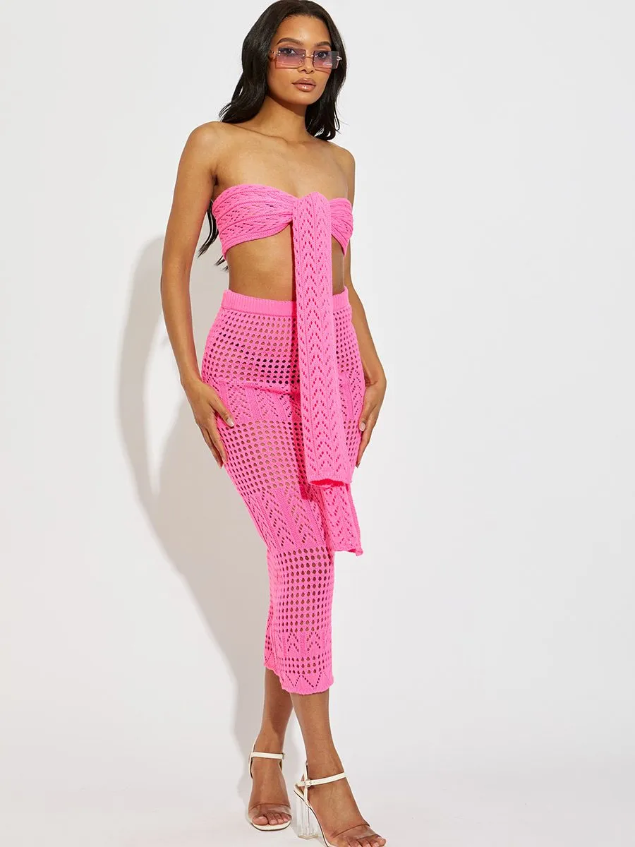 Danny Knitted Tie Knot Bandeau Bralet & Maxi Skirt Co-ord In Pink