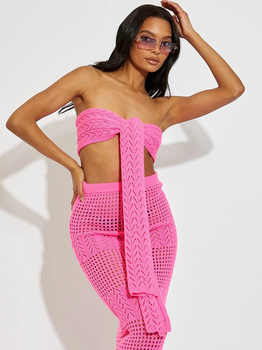 Danny Knitted Tie Knot Bandeau Bralet & Maxi Skirt Co-ord In Pink