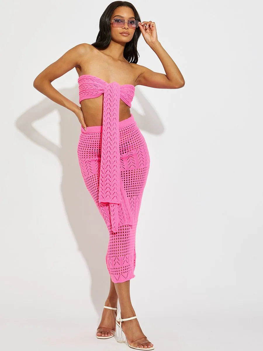 Danny Knitted Tie Knot Bandeau Bralet & Maxi Skirt Co-ord In Pink