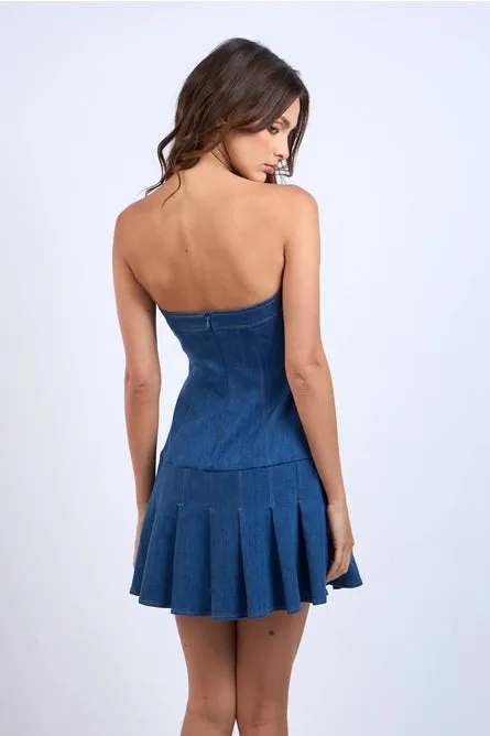 Denim Strapless Pleated Mini