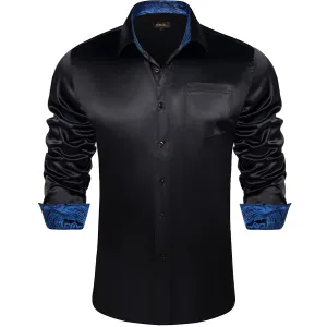 DiBanGu Collar Shirt Onyx Black Satin Splicing Solid Button Down Mens Shirt for Business