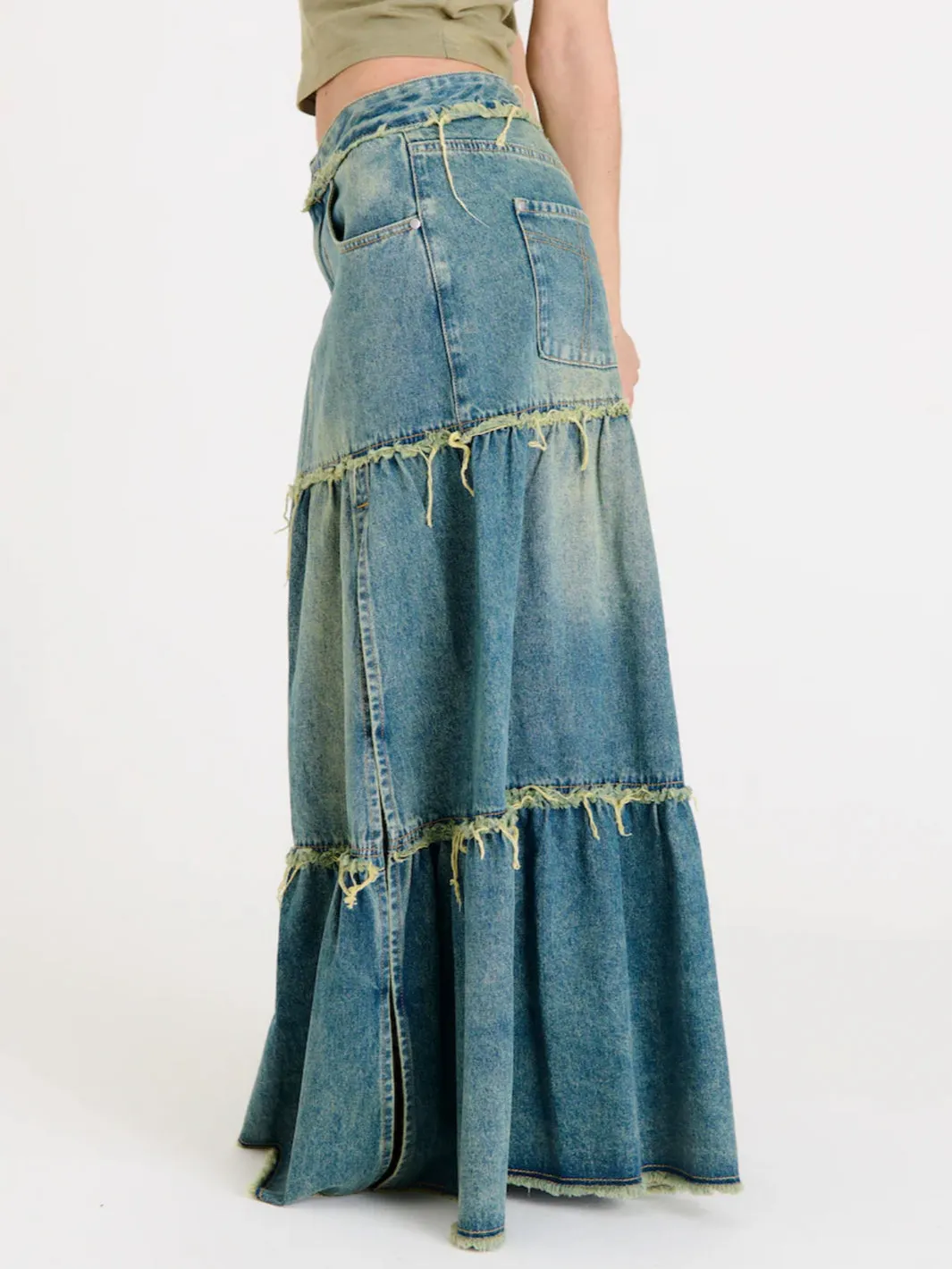 DIRTY WASH TIERED MAXI SKIRT