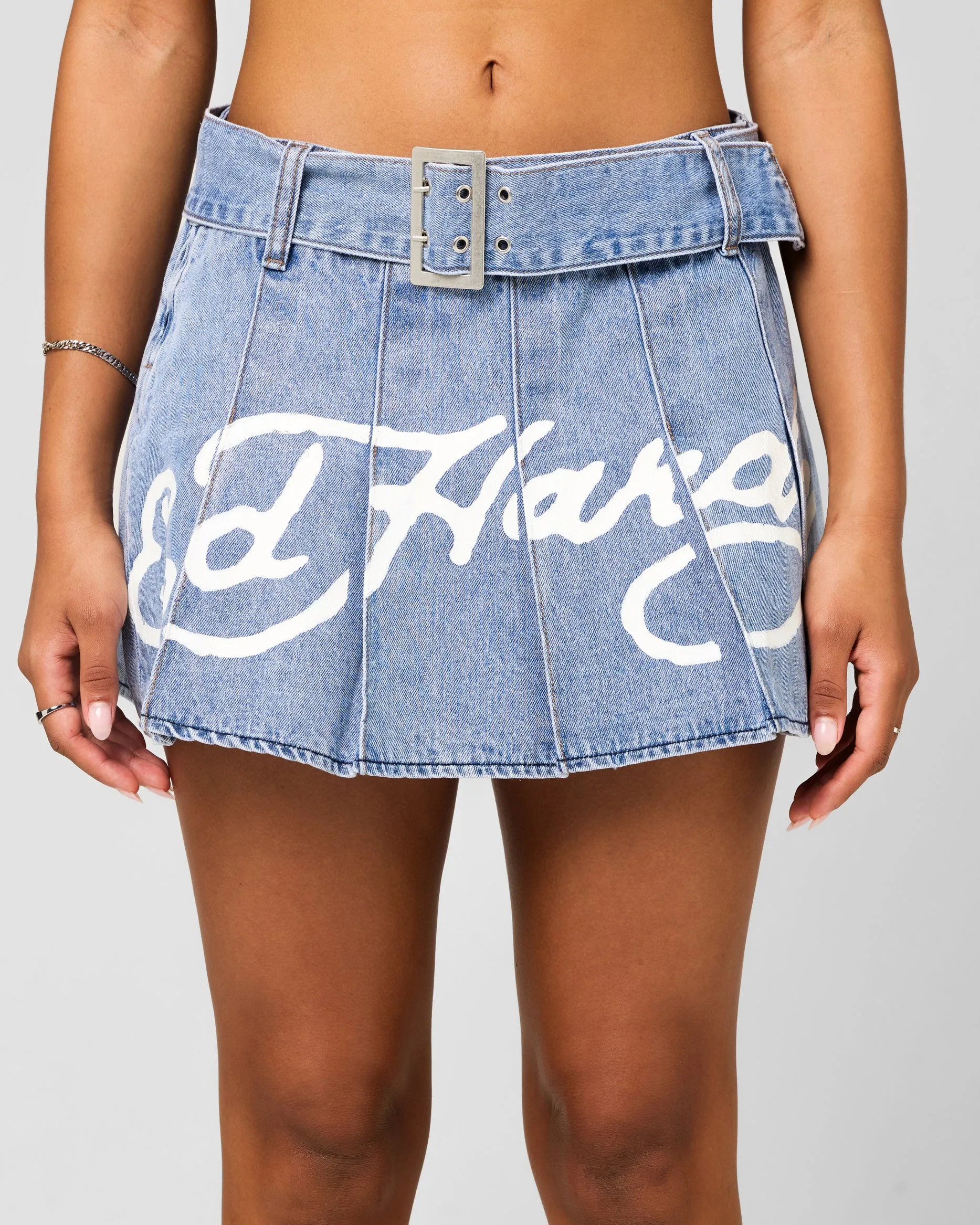 Ed Hardy Women's Pleated Denim Mini Skirt Light Blue Denim