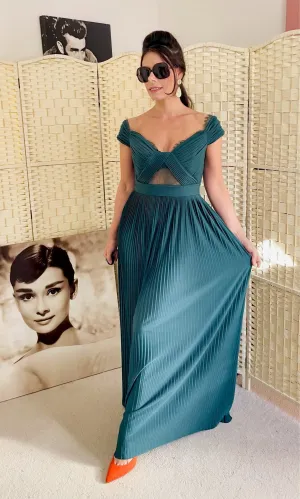 Emerald green Bardot maxi dress