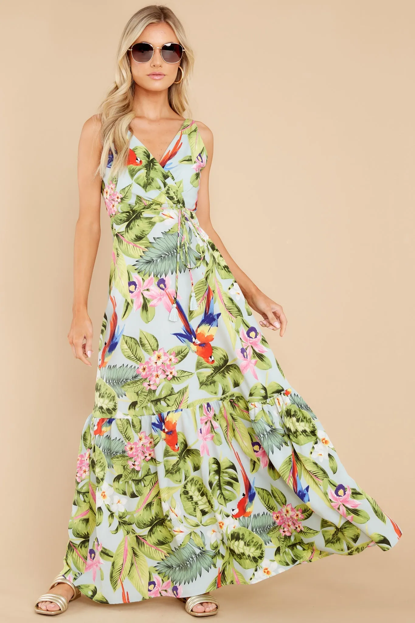 Exotic Getaway Sage Multi Tropical Print Maxi Dress