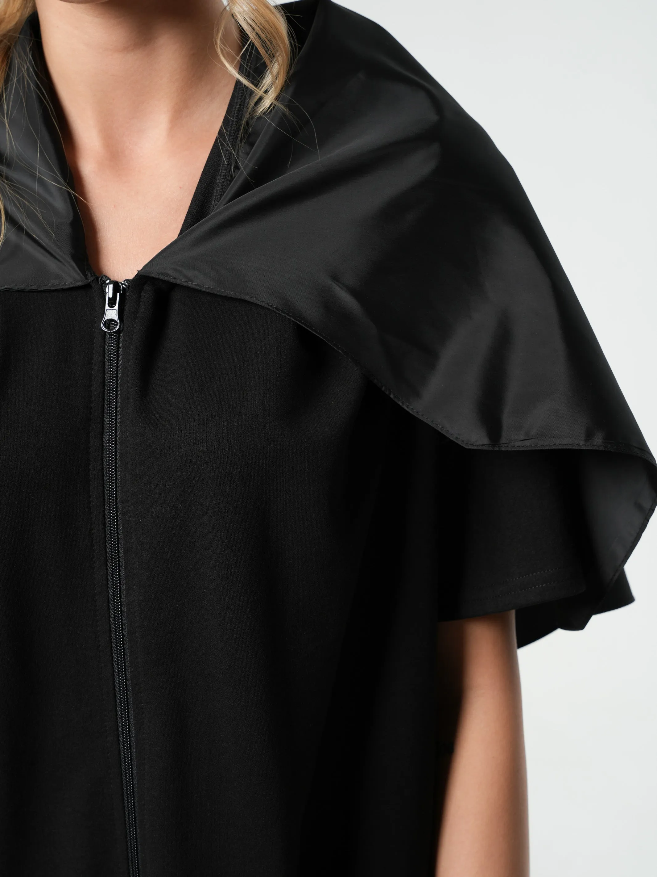 Extravagant Zipper Dress With Shoulder Cape in Black