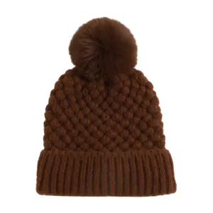 FSBB2332 - Popcorn knit Beanie with D&Y tab and Faux fur Pom.