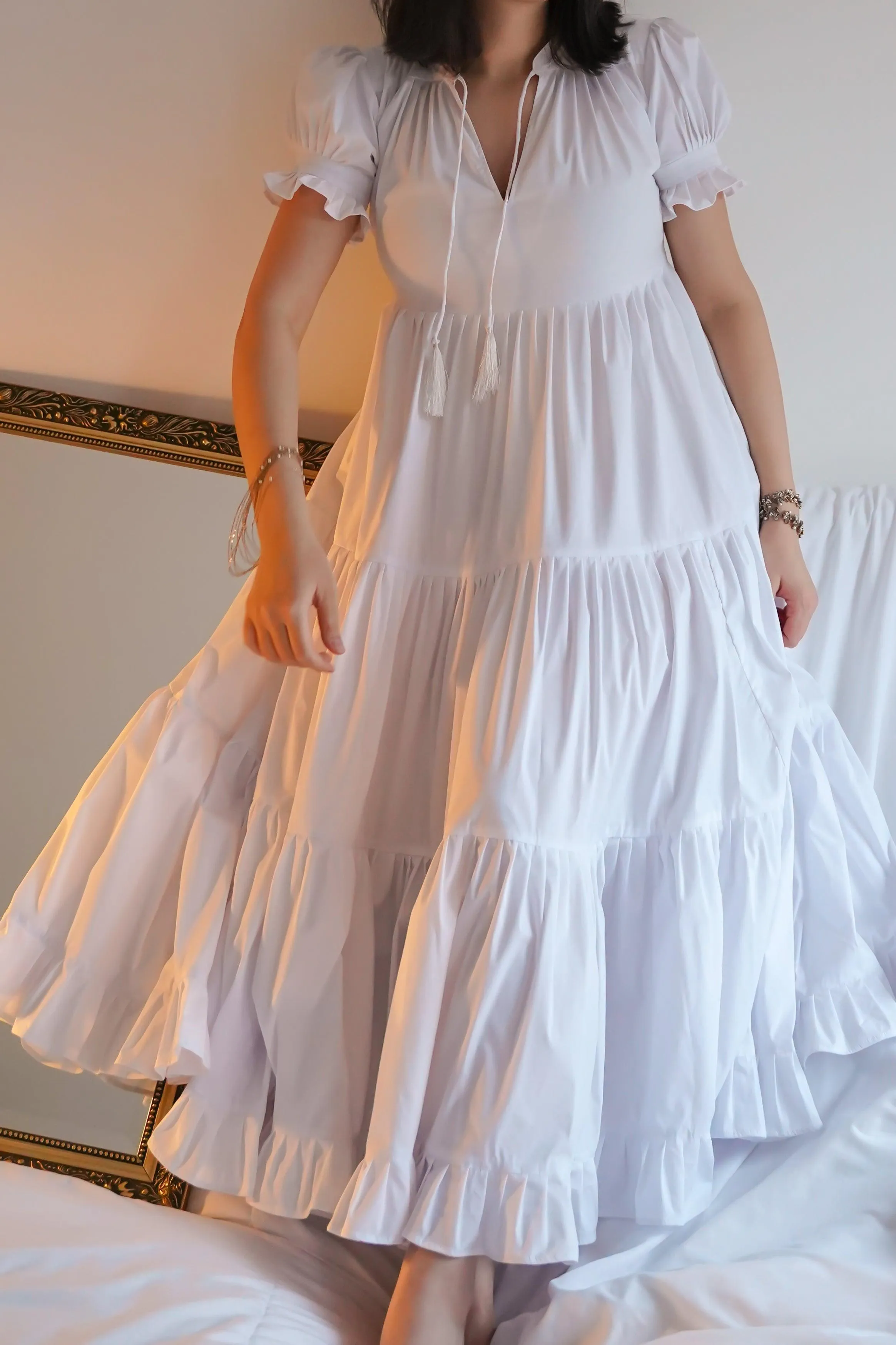 Gia Tiered Maxi Soft Dress With Frilled Puffy Sleeves