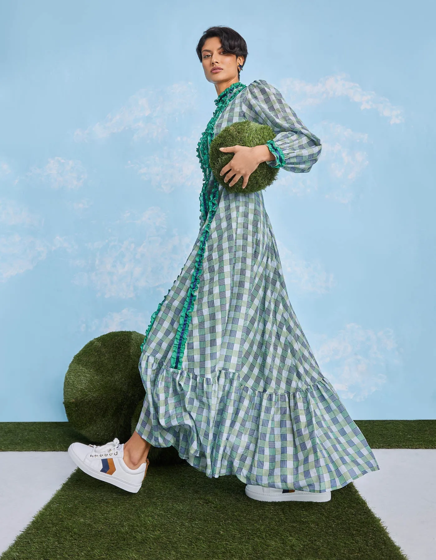 Gigi Blue Green Hopscotch Print Silk Voile Maxi Dress